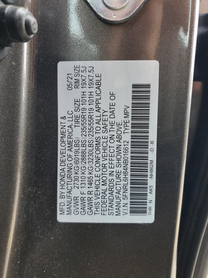 2022 HONDA ODYSSEY TOURING VIN:5FNRL6H84NB016612