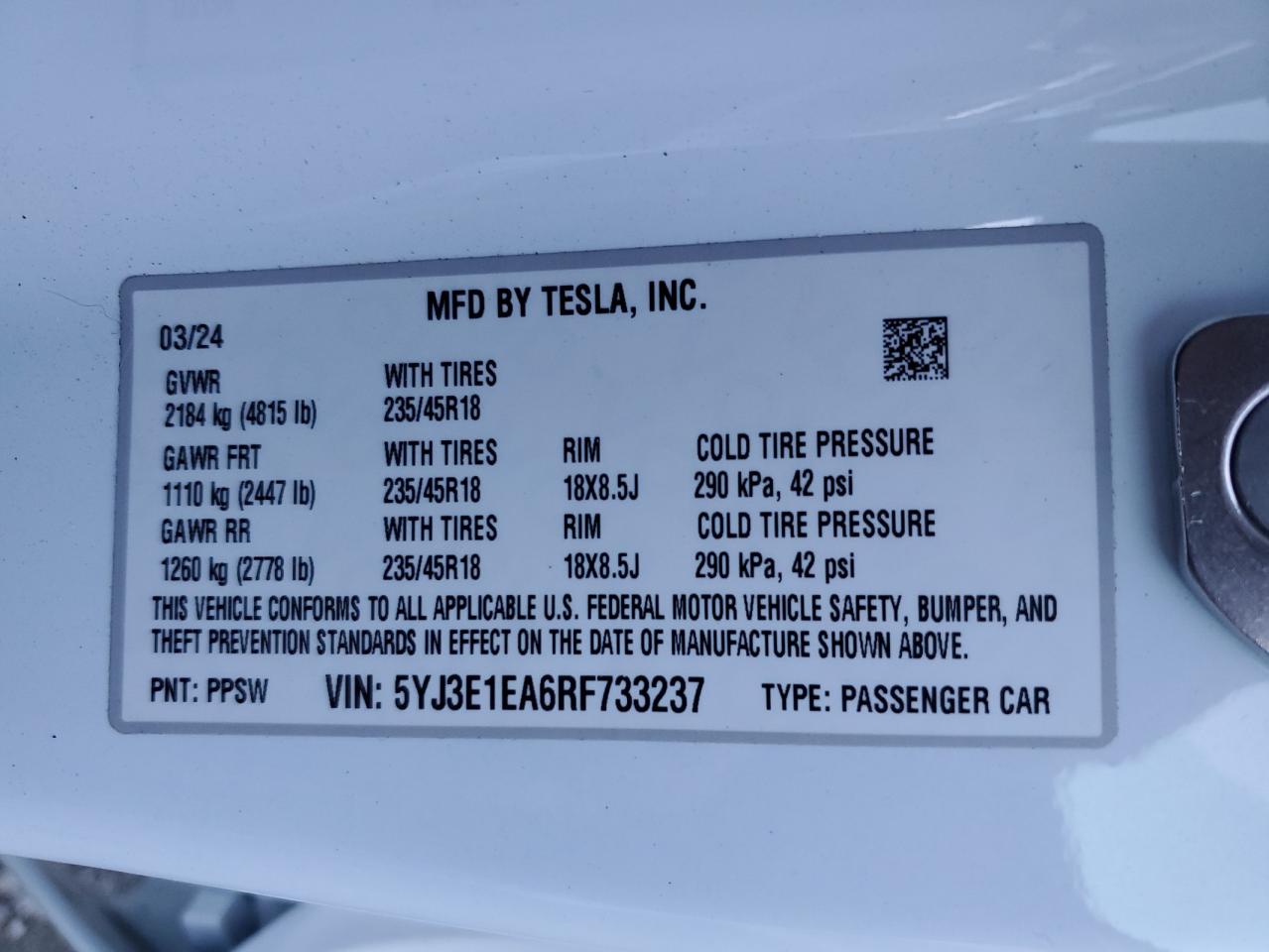 2024 TESLA MODEL 3  VIN:5YJ3E1EA6RF733237