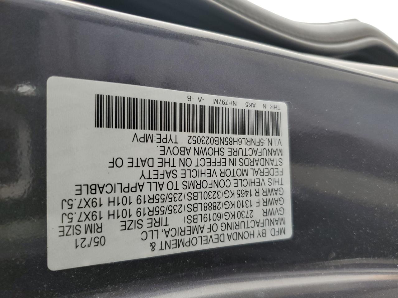 2022 HONDA ODYSSEY TOURING VIN:5FNRL6H85NB023052