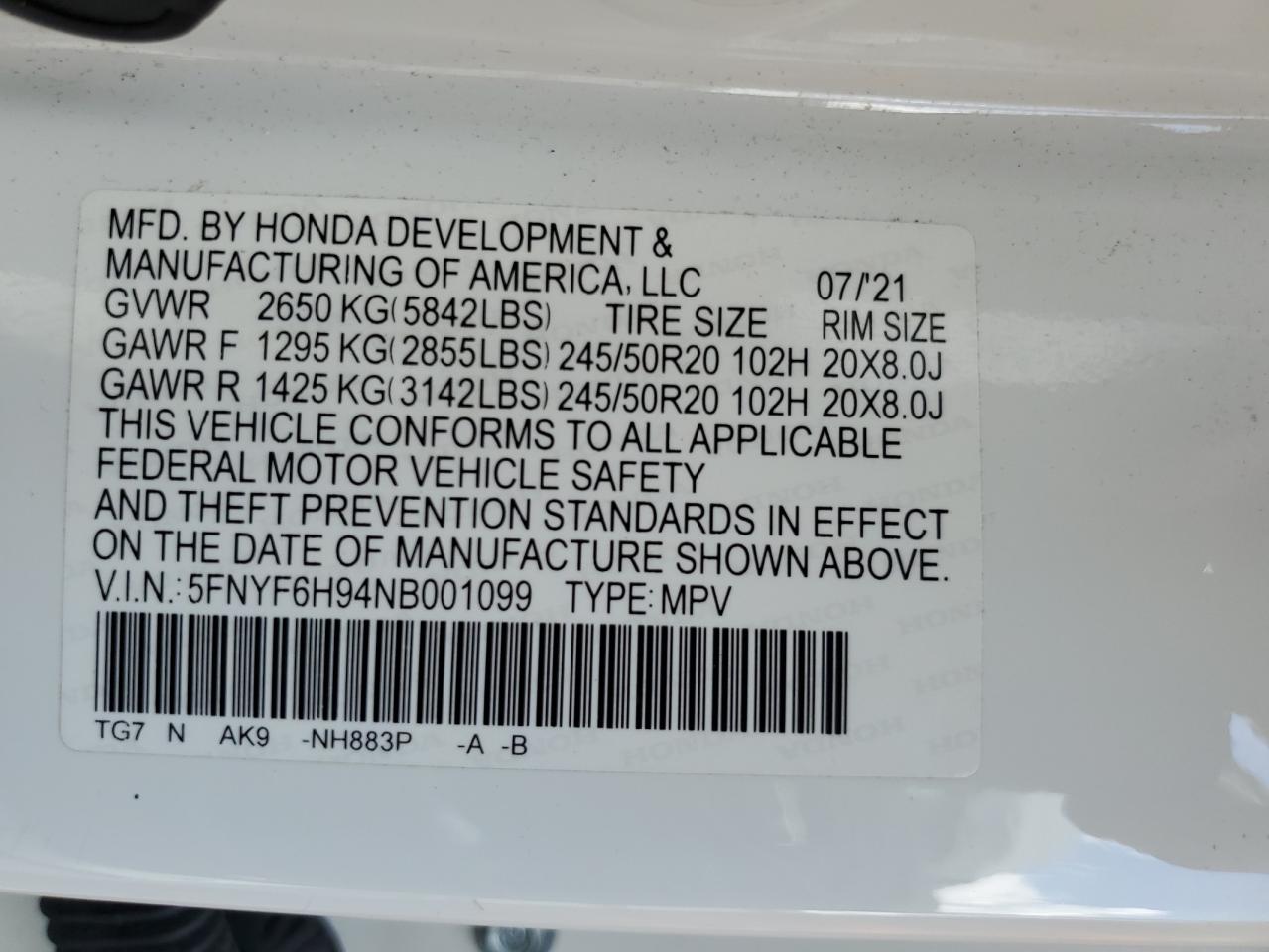 2022 HONDA PILOT TOURING VIN:5FNYF6H94NB001099