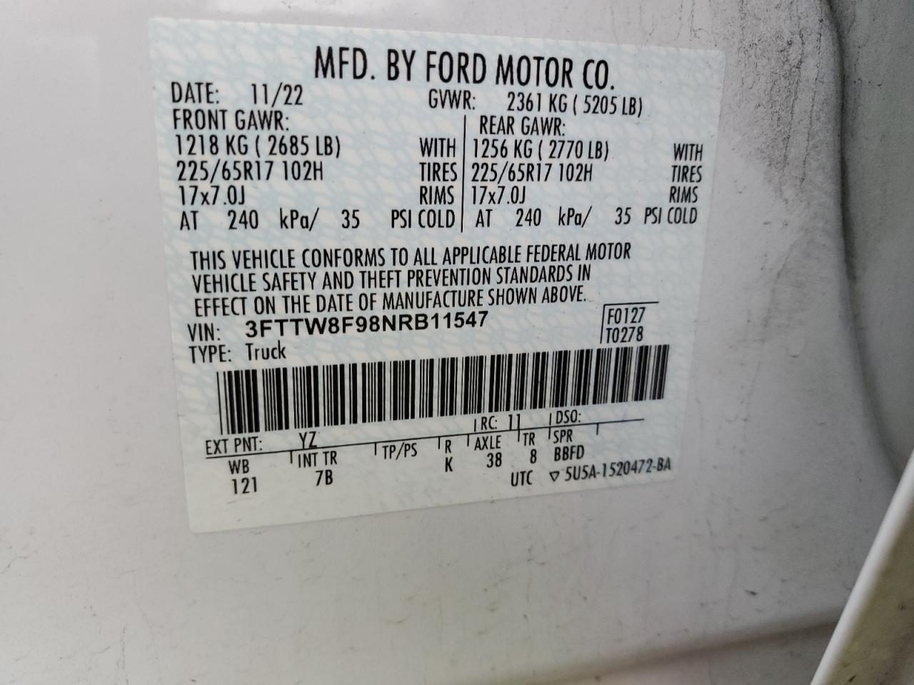 2022 FORD MAVERICK XL VIN:3FTTW8F98NRB11547