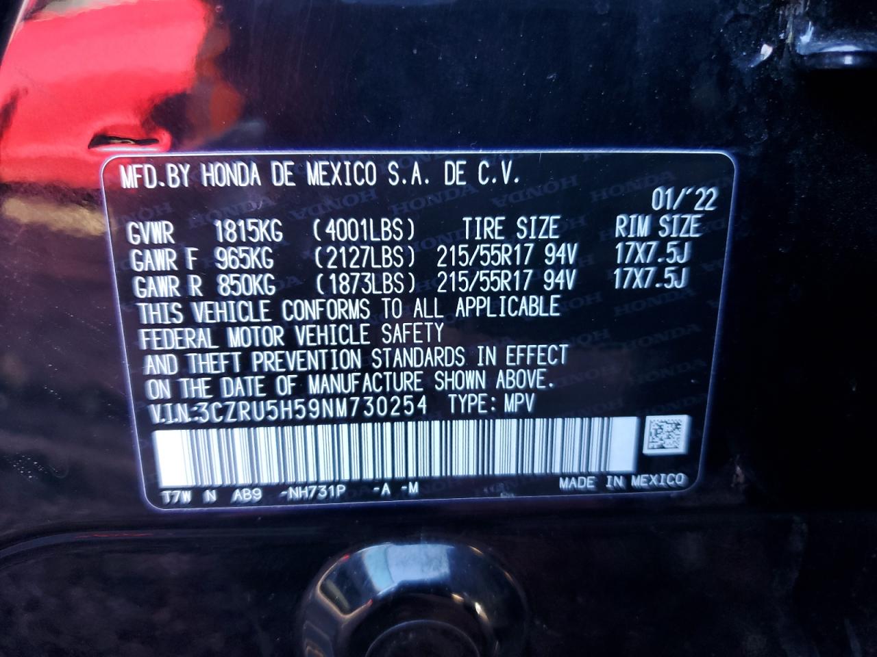 2022 HONDA HR-V EX VIN:3CZRU5H59NM730254