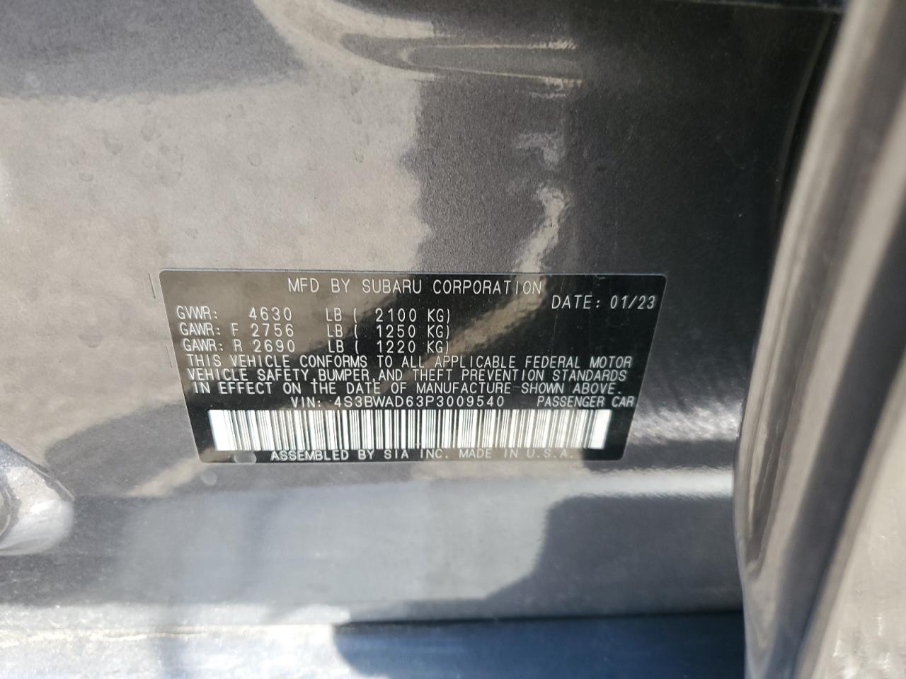 2023 SUBARU LEGACY PREMIUM VIN:4S3BWAD63P3009540