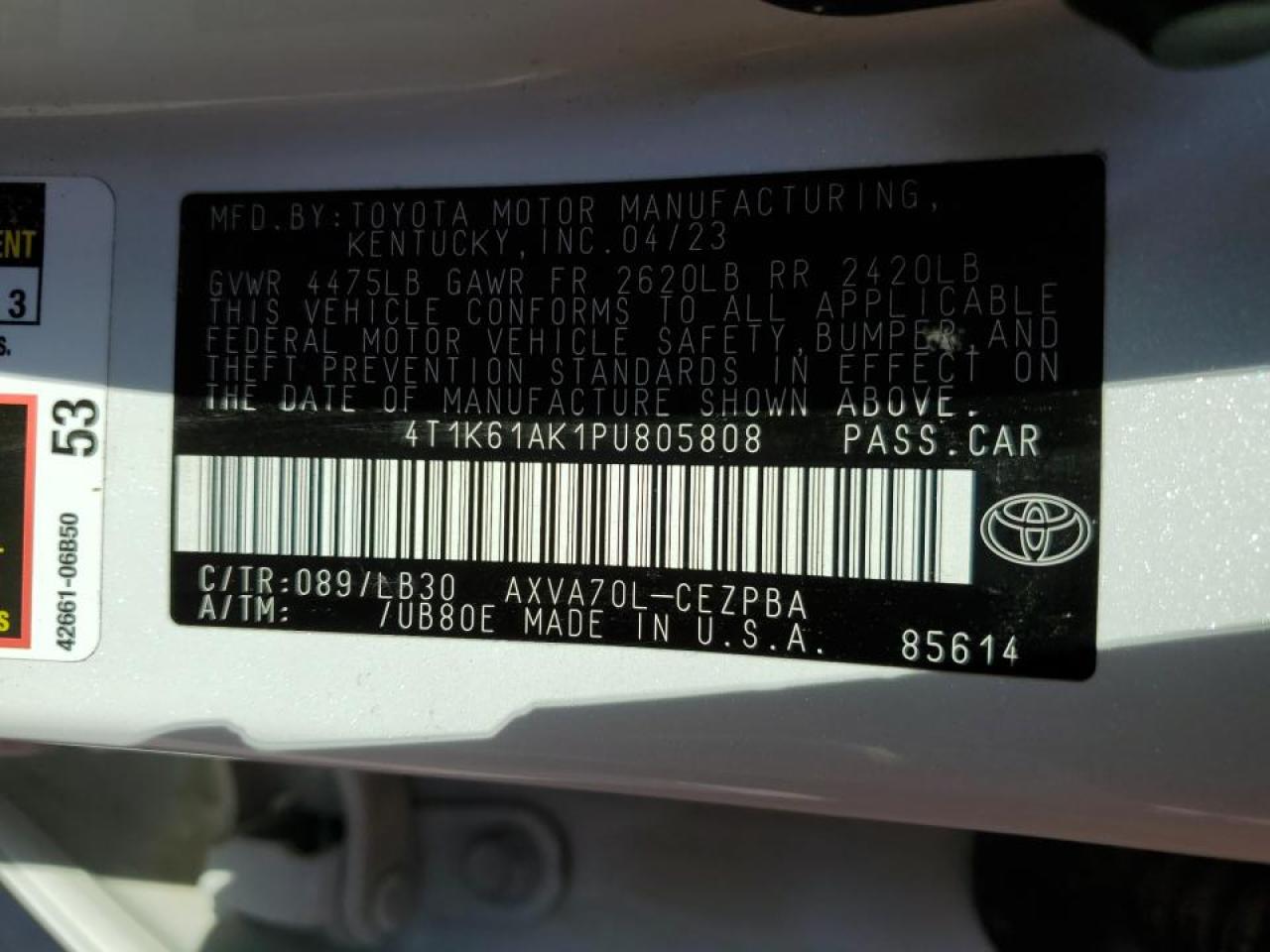 2023 TOYOTA CAMRY XSE VIN:4T1K61AK1PU805808