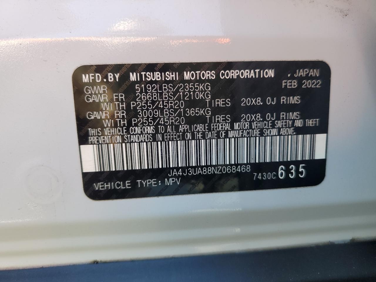 2022 MITSUBISHI OUTLANDER SE VIN:JA4J3UA88NZ068468