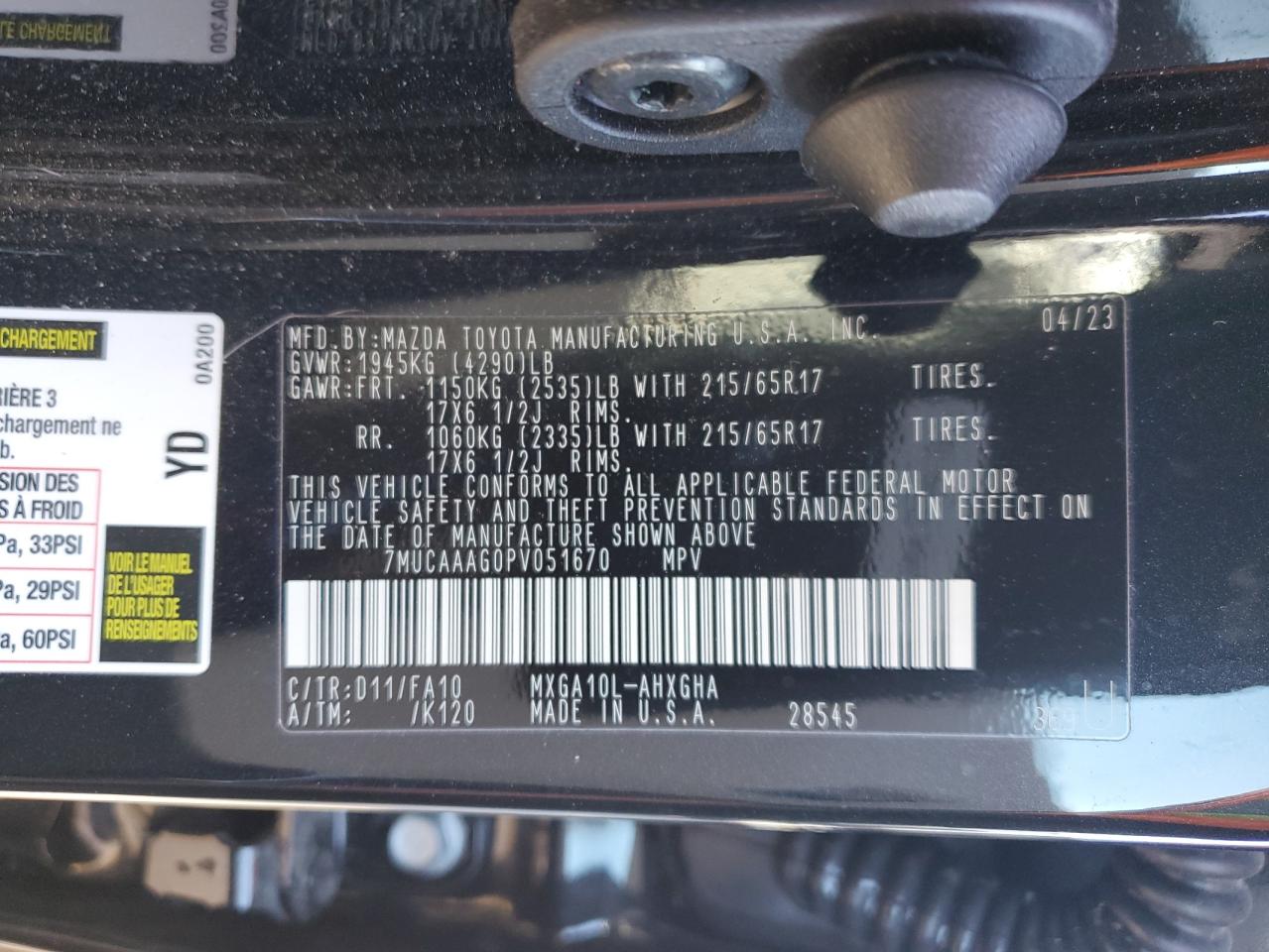 2023 TOYOTA COROLLA CROSS LE VIN:7MUCAAAG0PV051670