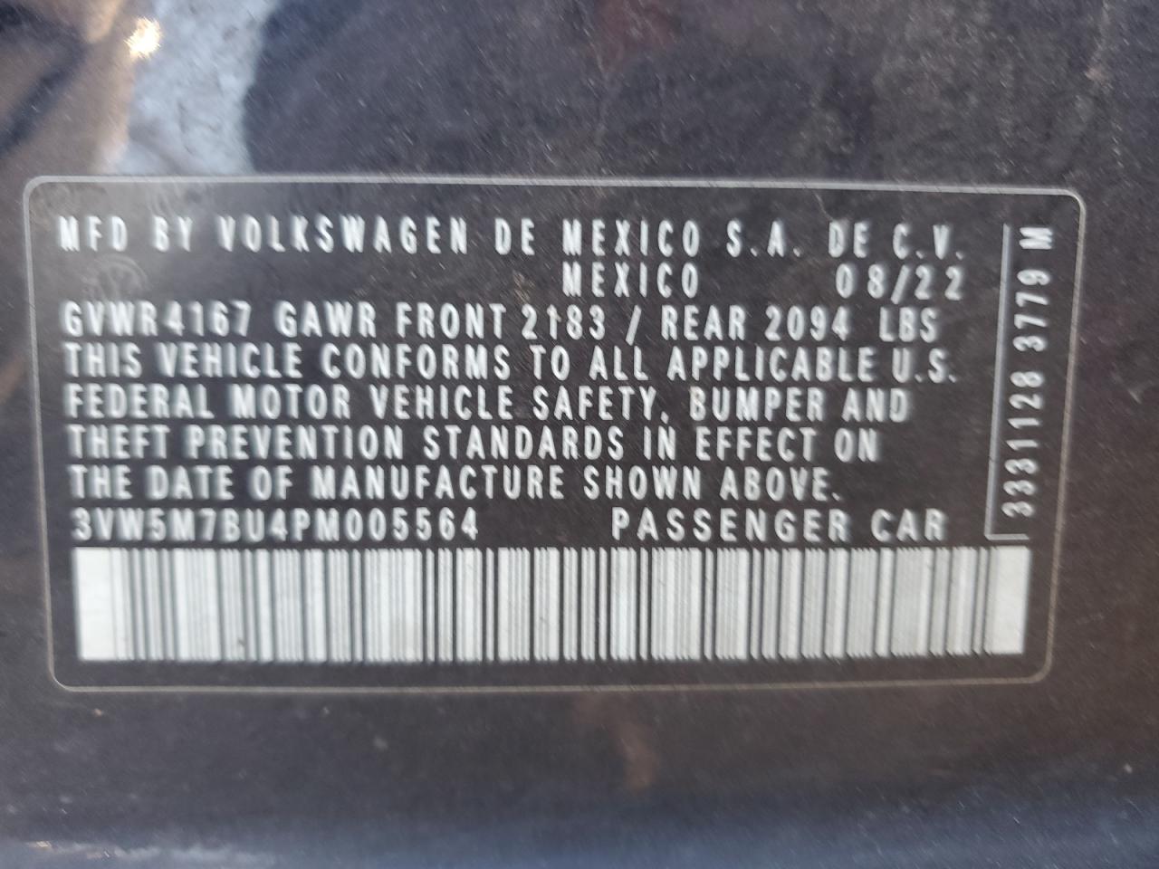 2023 VOLKSWAGEN JETTA S VIN:3VW5M7BU4PM005564