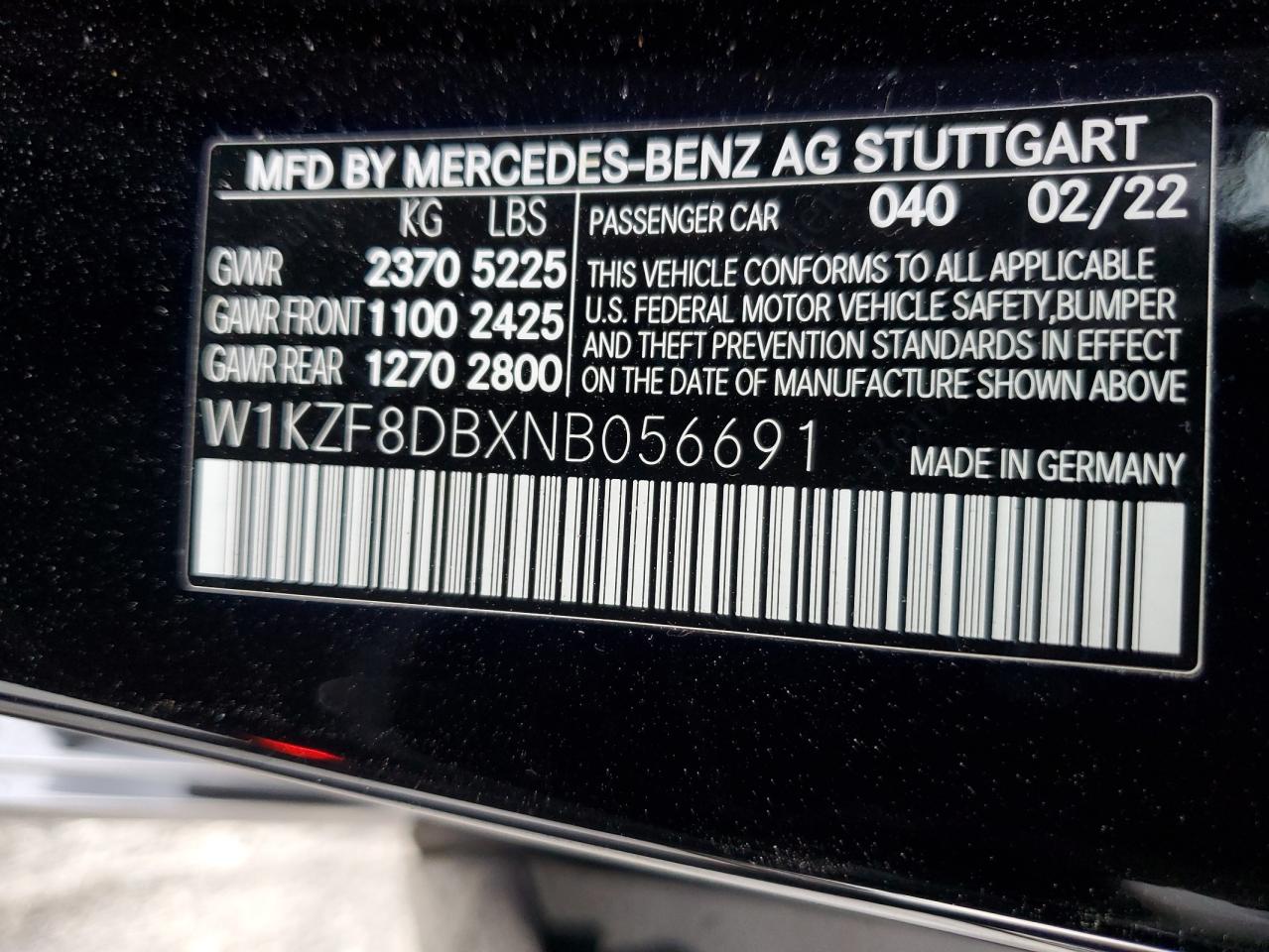 2022 MERCEDES-BENZ E 350 VIN:W1KZF8DBXNB056691