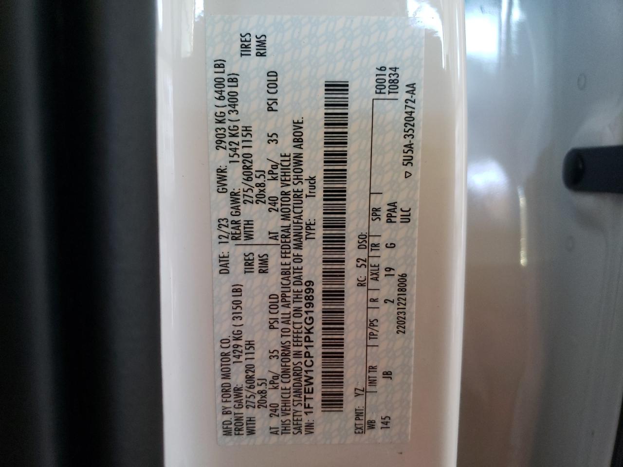 2023 FORD F150 SUPERCREW VIN:1FTEW1CP1PKG19899