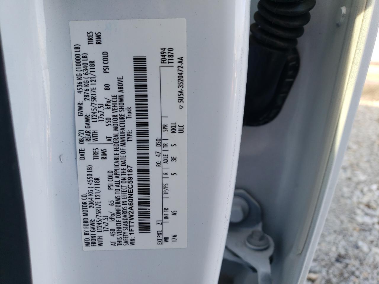 2022 FORD F250 SUPER DUTY VIN:1FT7W2A60NEC59187