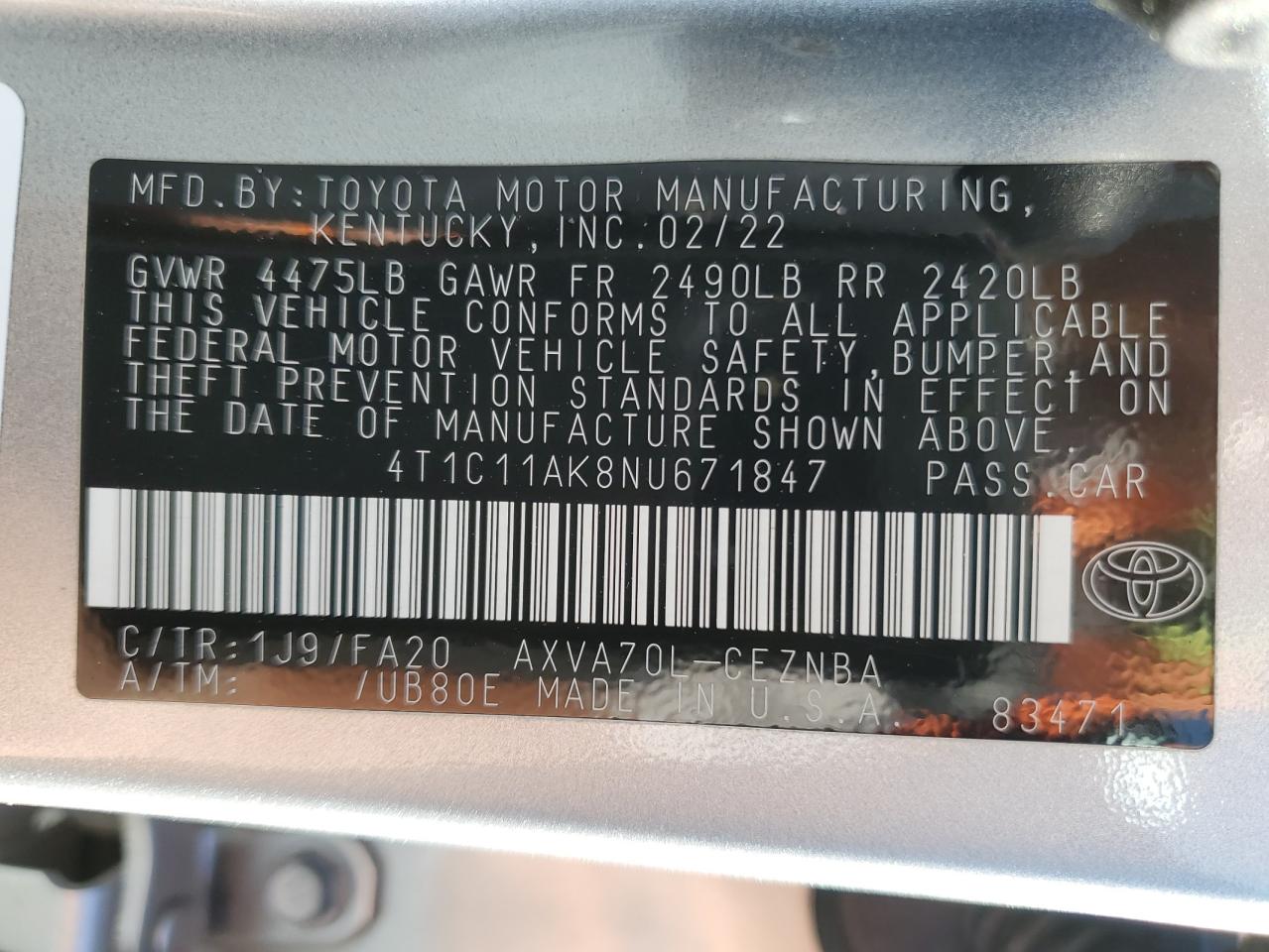 2022 TOYOTA CAMRY LE VIN:4T1C11AK8NU671847