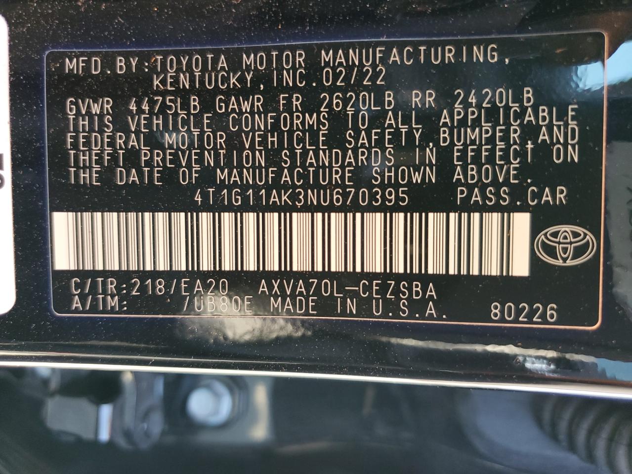 2022 TOYOTA CAMRY SE VIN:4T1G11AK3NU670395