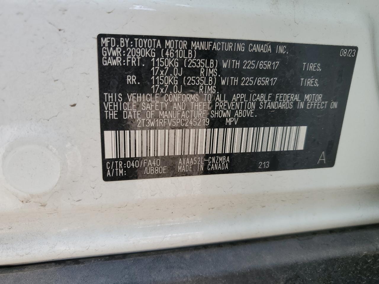 2023 TOYOTA RAV4 XLE VIN:2T3W1RFV5PC245219