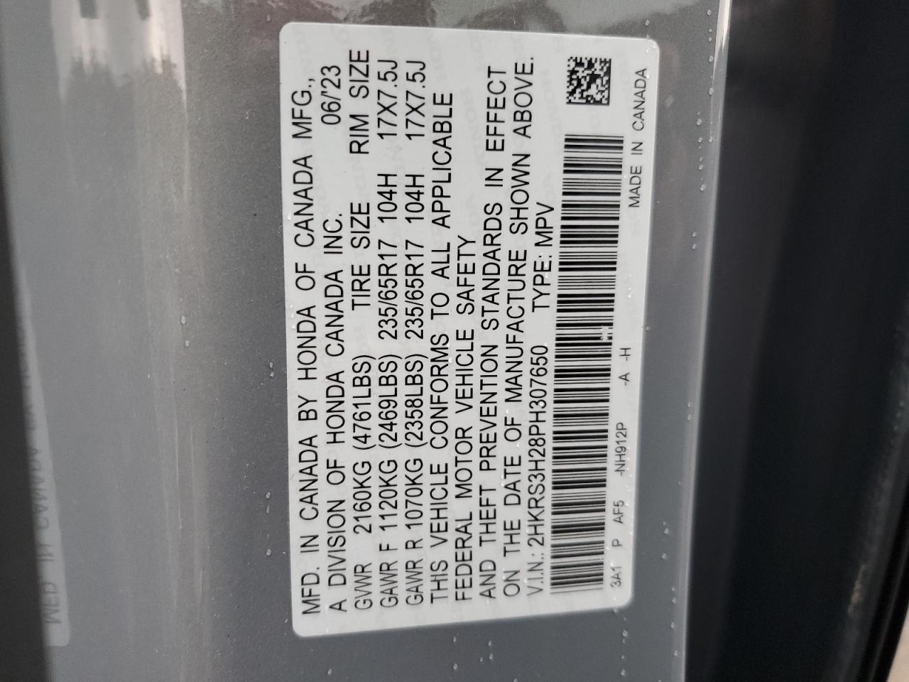 2023 HONDA CR-V LX VIN:2HKRS3H28PH307650