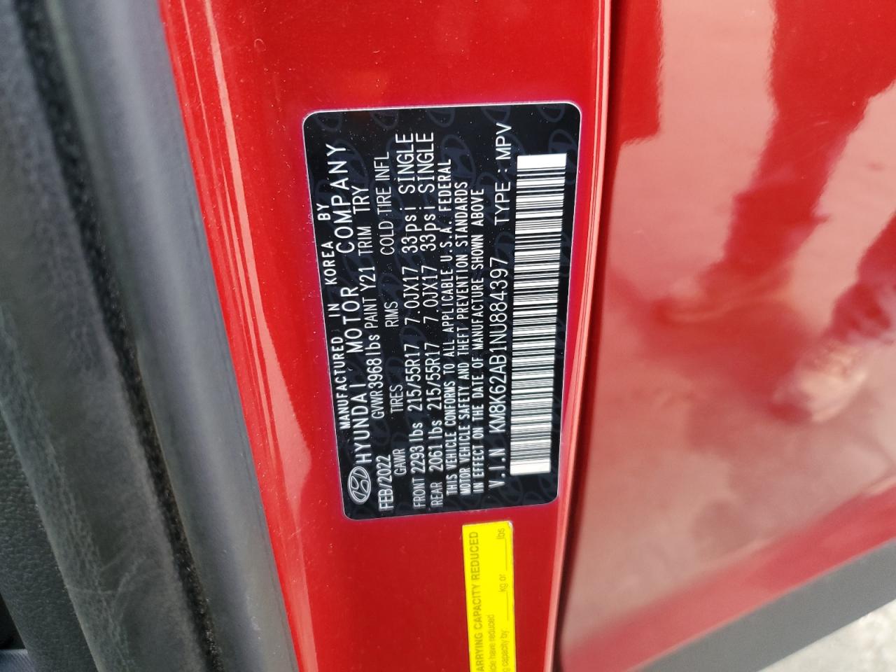 2022 HYUNDAI KONA SEL VIN:KM8K62AB1NU884397