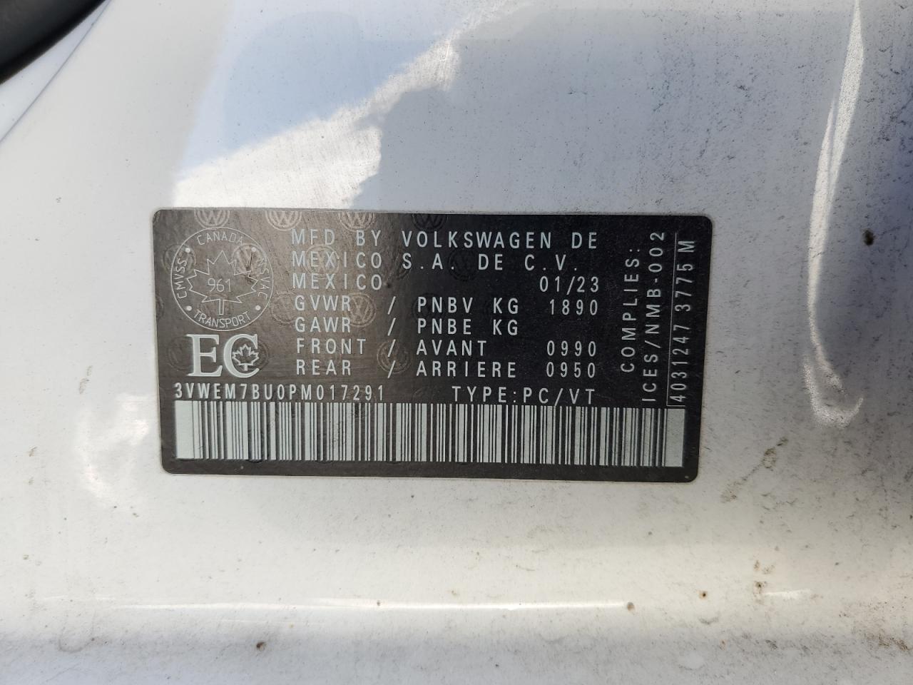 2023 VOLKSWAGEN JETTA SE VIN:3VWEM7BU0PM017291