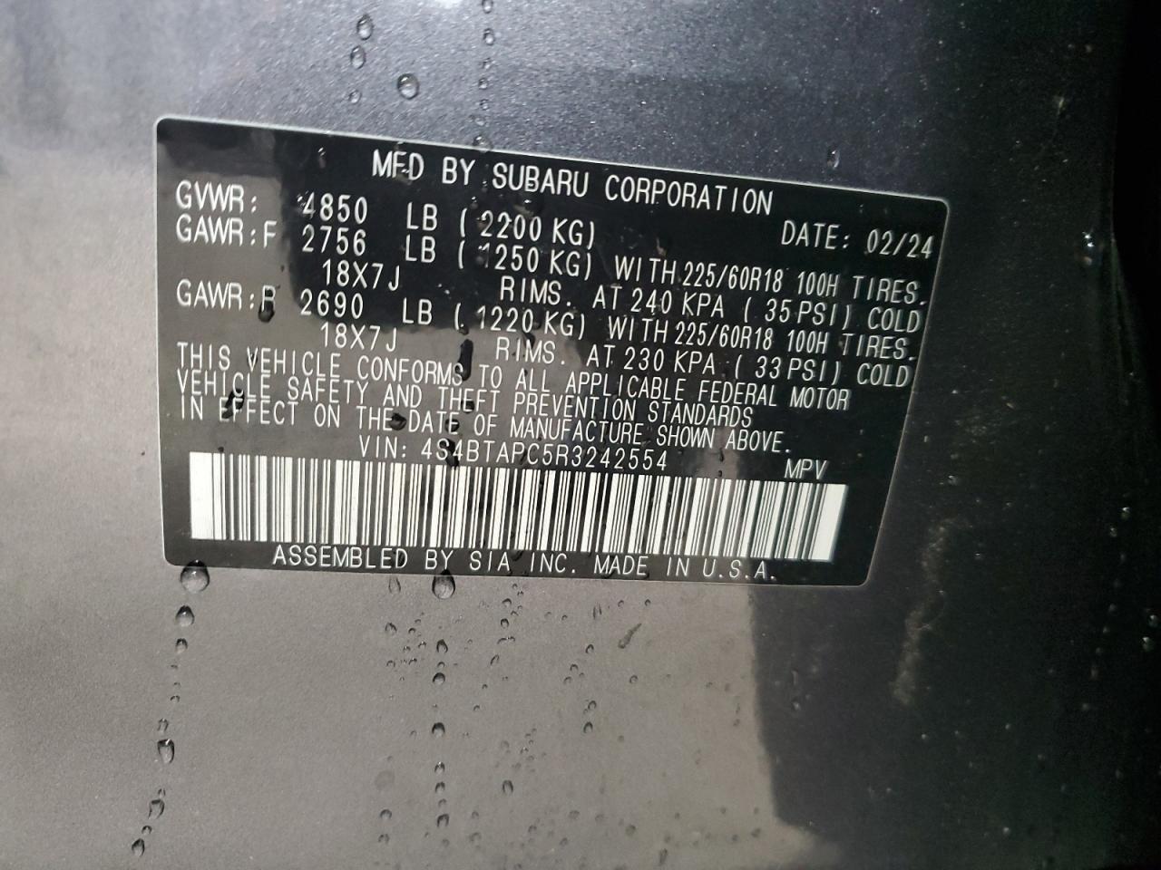 2024 SUBARU OUTBACK TOURING VIN:4S4BTAPC5R3242554