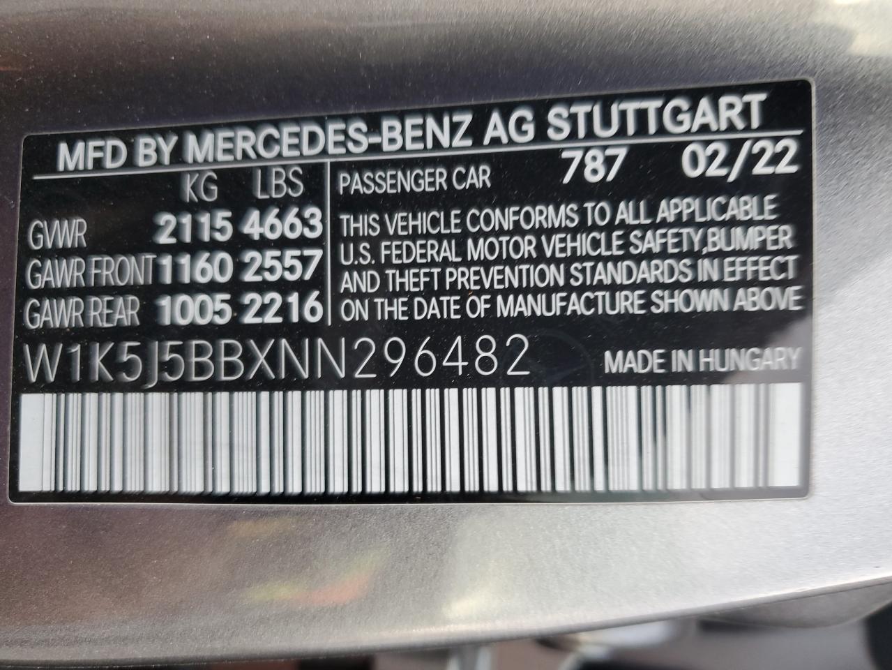 2022 MERCEDES-BENZ CLA AMG 35 4MATIC VIN:W1K5J5BBXNN296482