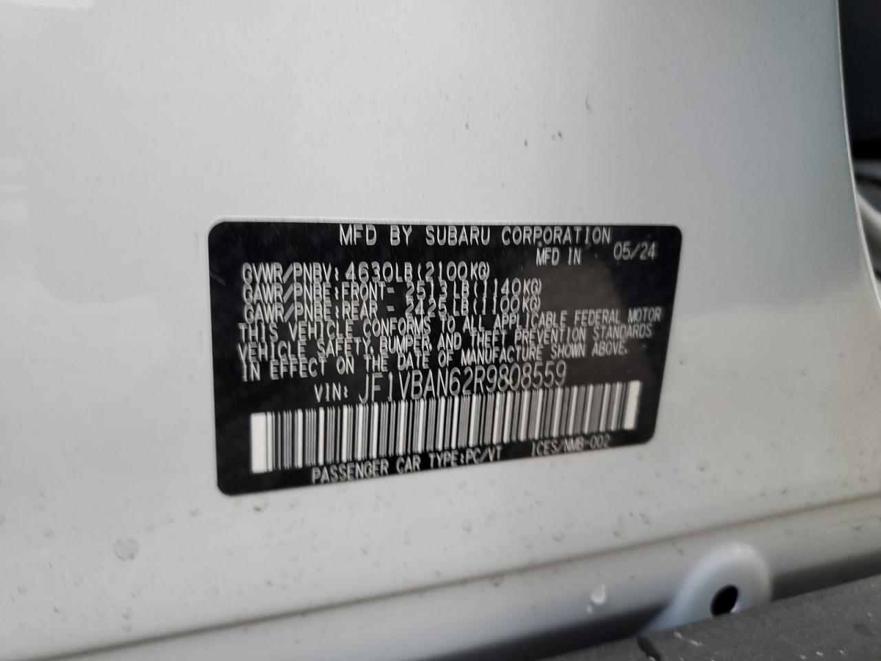 2024 SUBARU WRX LIMITED VIN:JF1VBAN62R9808559