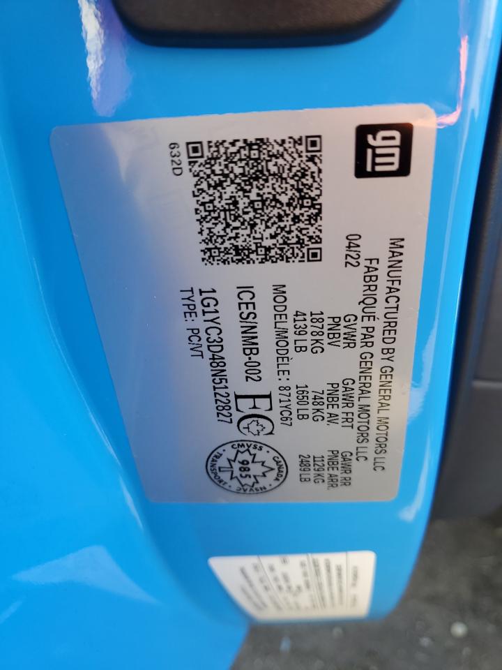 2022 CHEVROLET CORVETTE STINGRAY 3LT VIN:1G1YC3D48N5122827