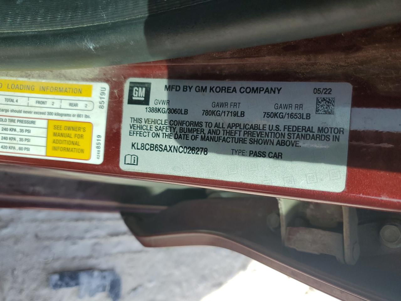 2022 CHEVROLET SPARK LS VIN:KL8CB6SAXNC026278