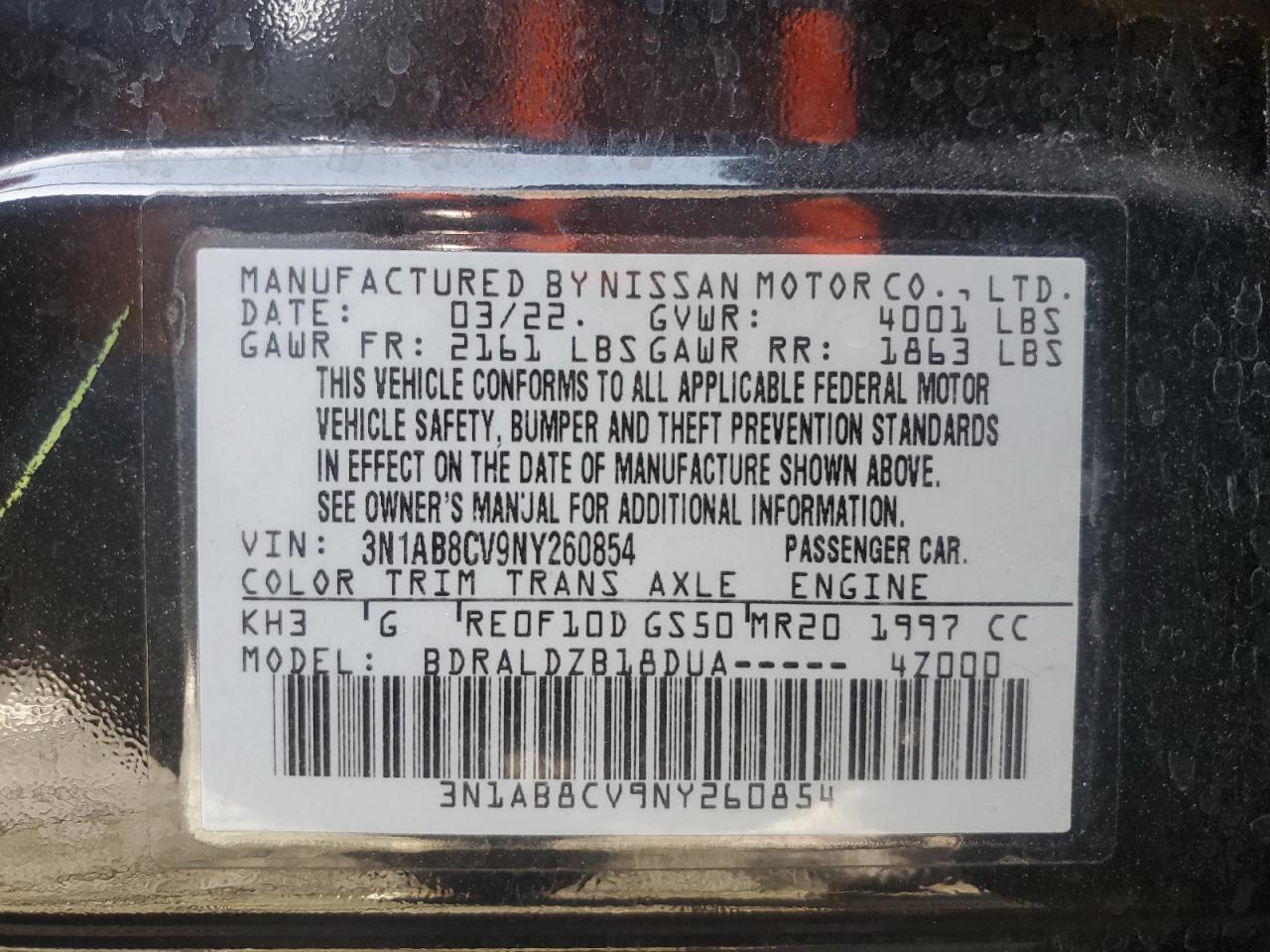 2022 NISSAN SENTRA SV VIN:3N1AB8CV9NY260854