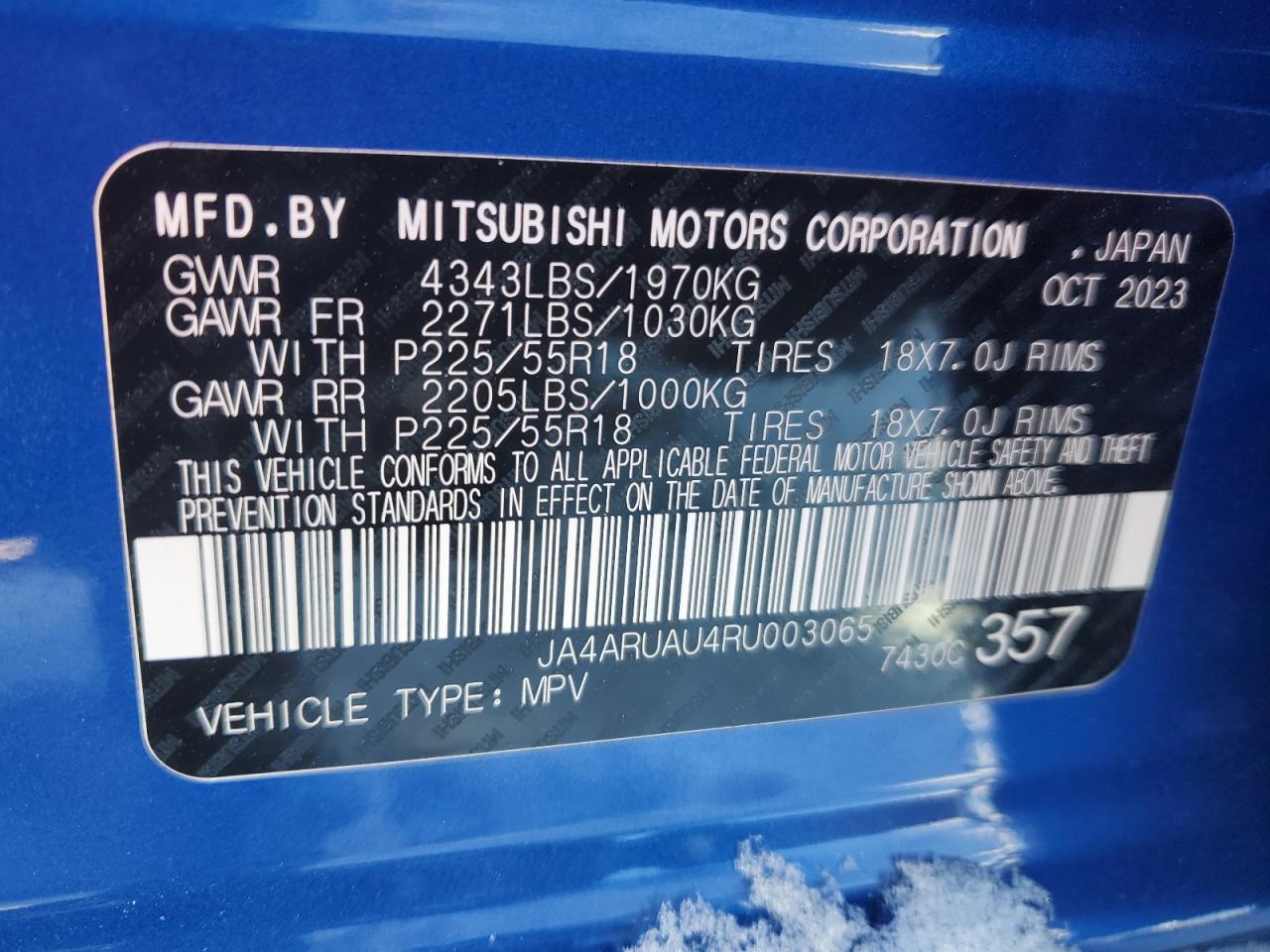 2024 MITSUBISHI OUTLANDER SPORT S/SE VIN:JA4ARUAU4RU003065