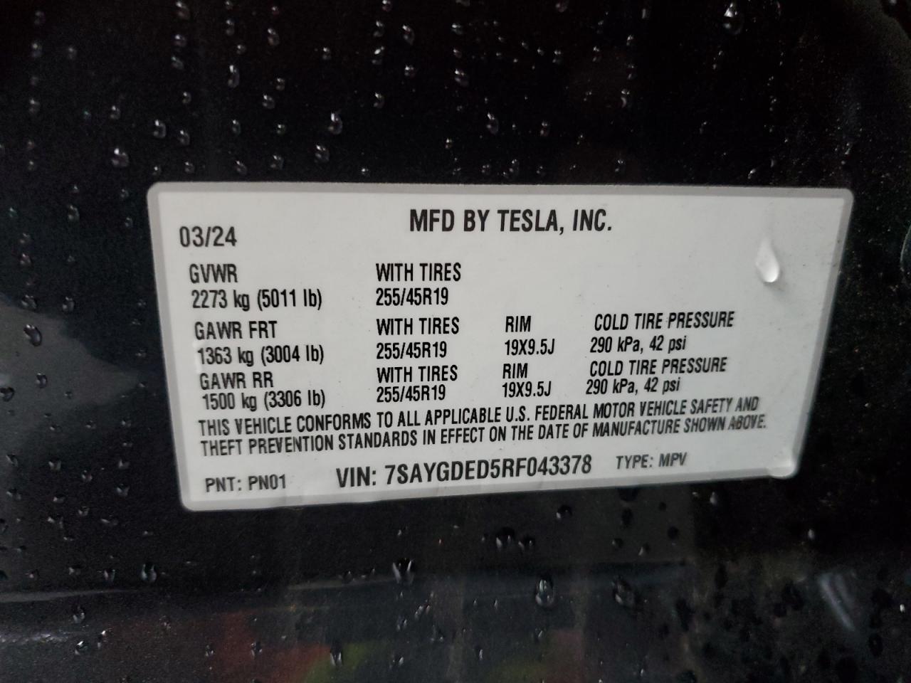 2024 TESLA MODEL Y  VIN:7SAYGDED5RF043378