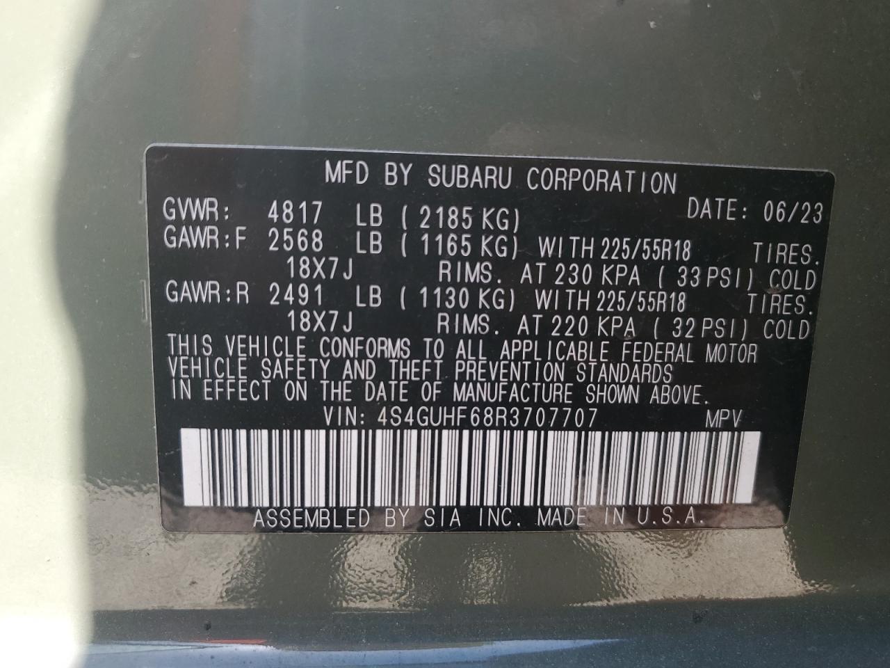 2024 SUBARU CROSSTREK SPORT VIN:4S4GUHF68R3707707