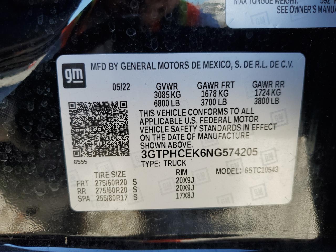 2022 GMC SIERRA C1500 ELEVATION VIN:3GTPHCEK6NG574205
