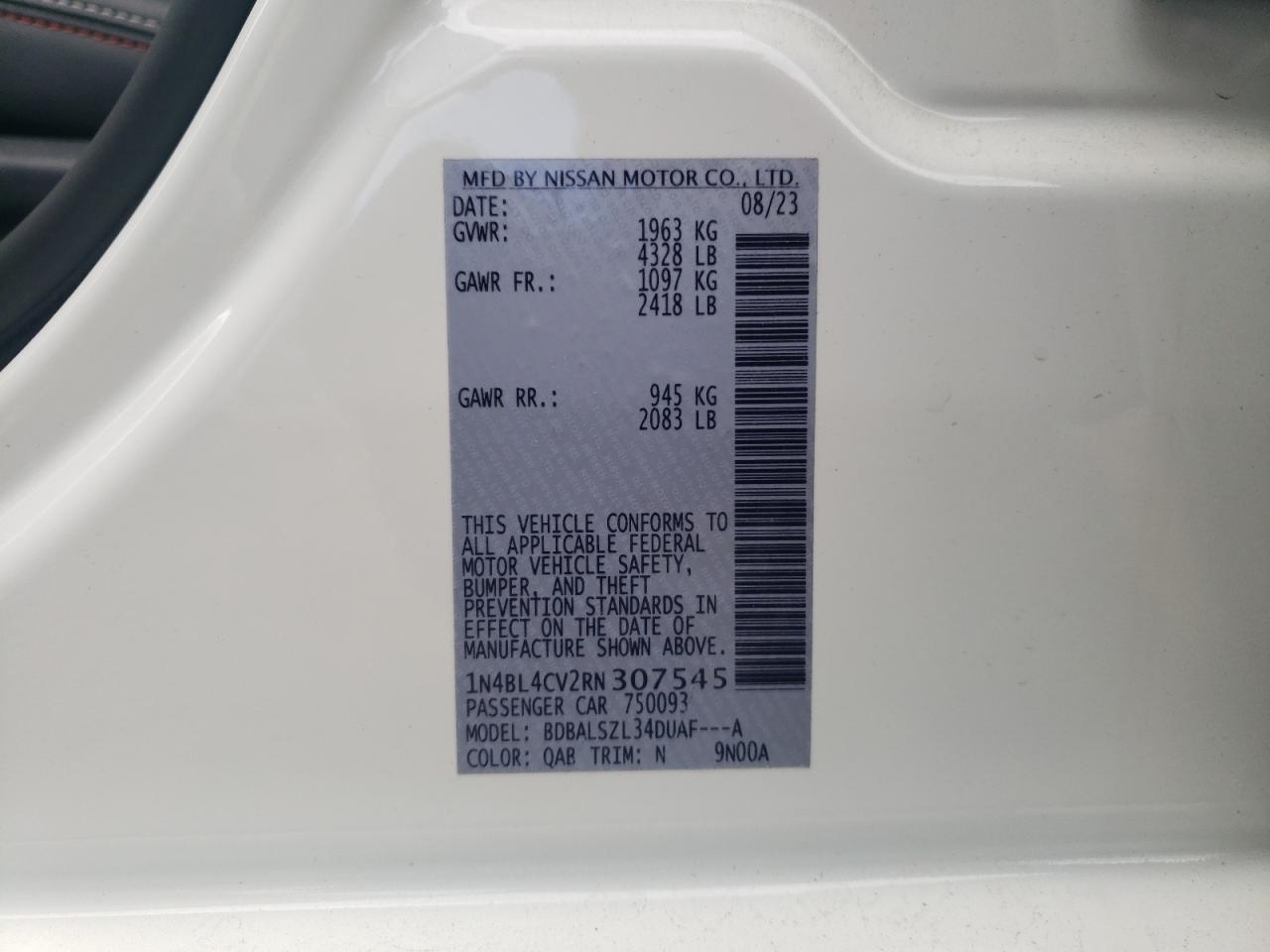 2024 NISSAN ALTIMA SR VIN:1N4BL4CV2RN307545