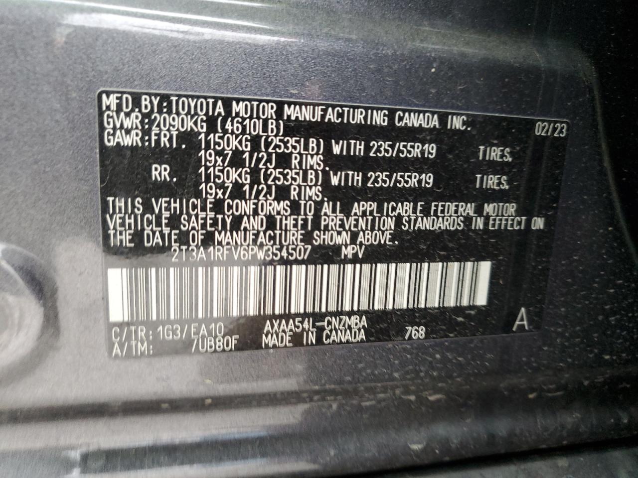 2023 TOYOTA RAV4 XLE PREMIUM VIN:2T3A1RFV6PW354507