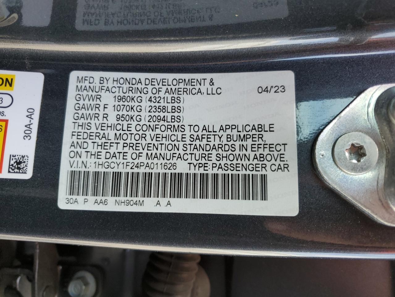 2023 HONDA ACCORD LX VIN:1HGCY1F24PA011626