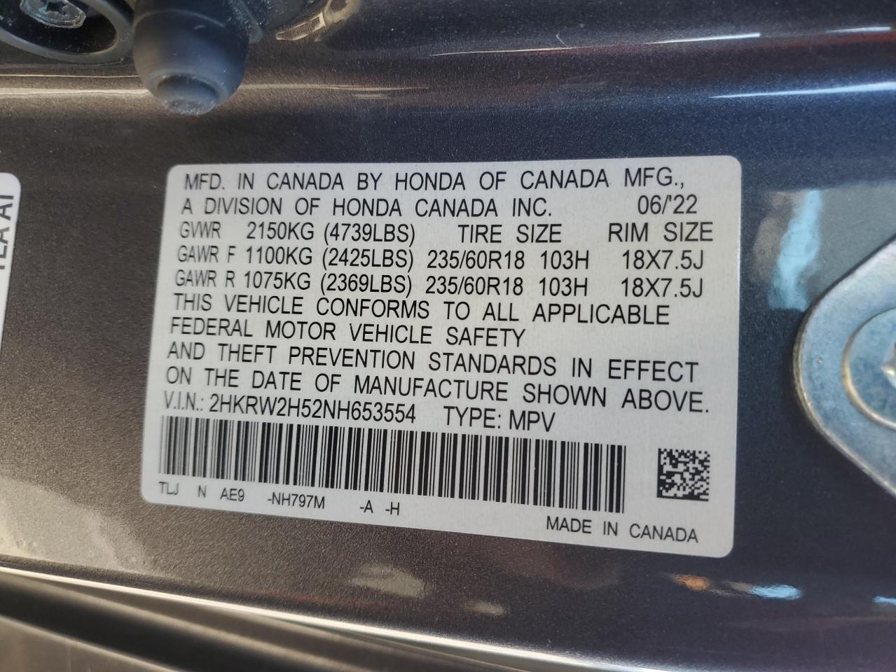 2022 HONDA CR-V EX VIN:2HKRW2H52NH653554