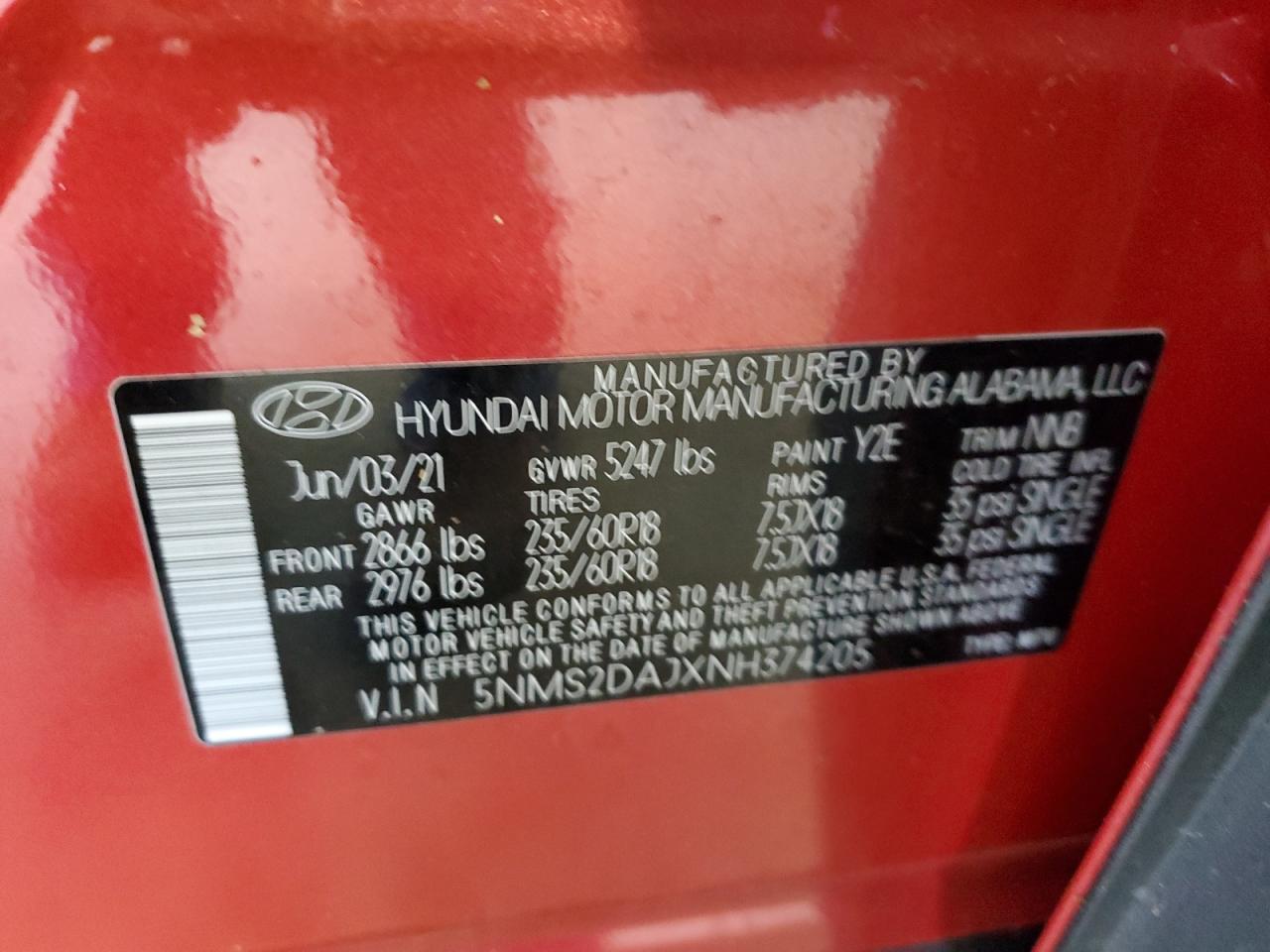 2022 HYUNDAI SANTA FE SEL VIN:5NMS2DAJXNH374205