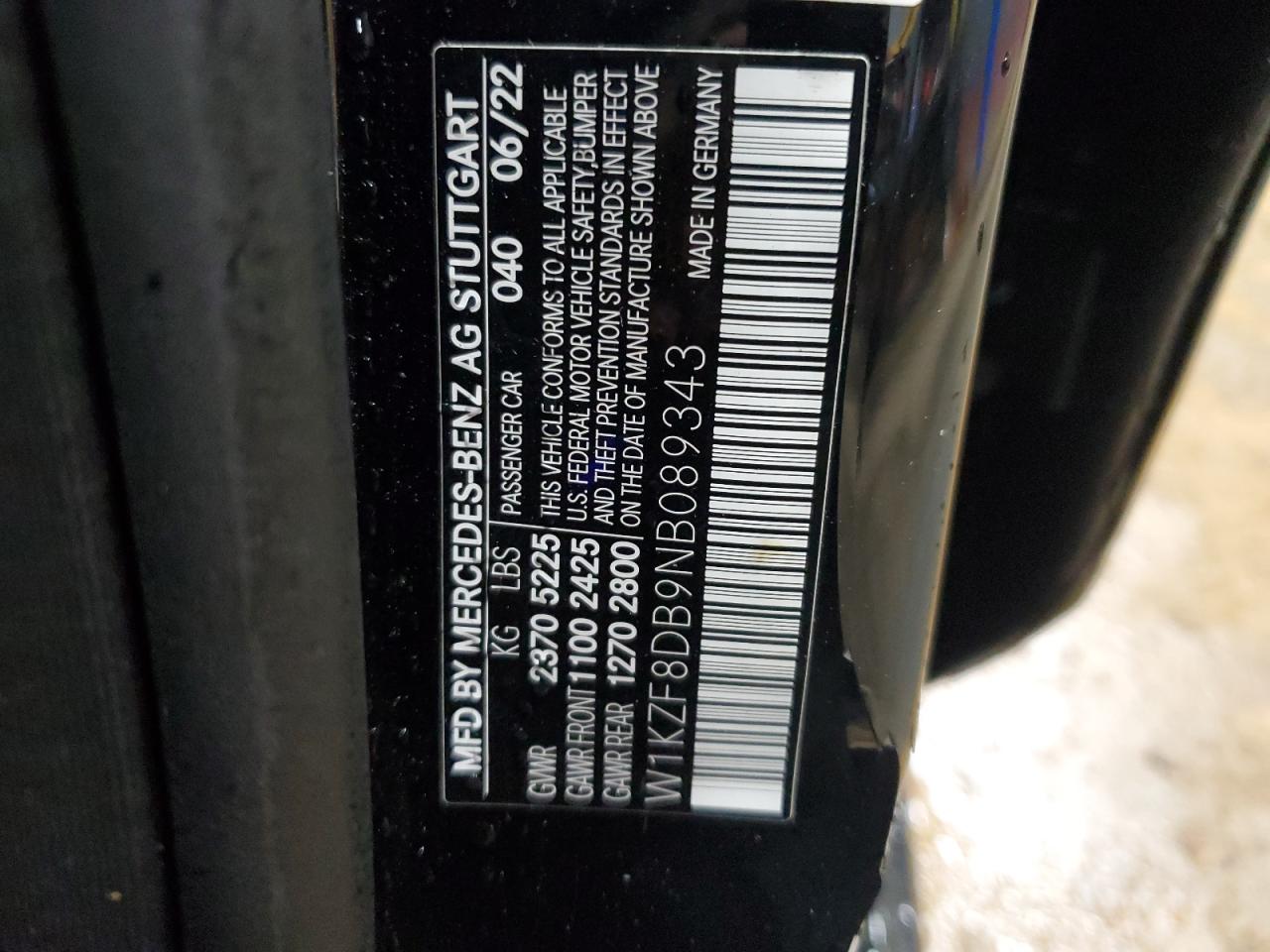 2022 MERCEDES-BENZ E 350 VIN:W1KZF8DB9NB089343