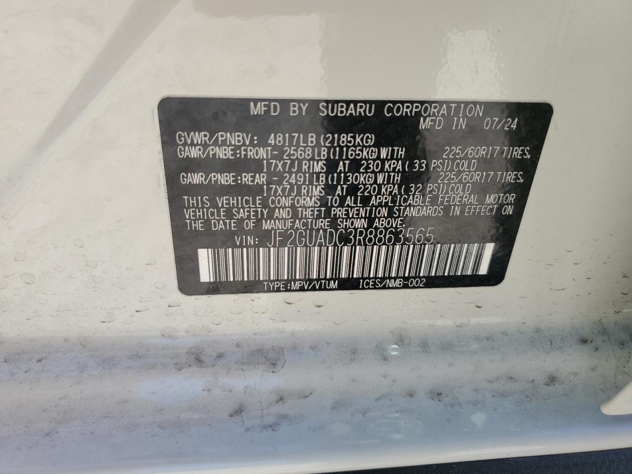 2024 SUBARU CROSSTREK PREMIUM VIN:JF2GUADC3R8863565