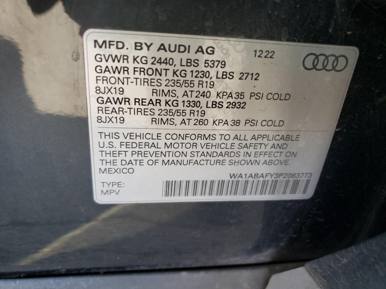 2023 AUDI Q5 PREMIUM 40 VIN:WA1ABAFY3P2083773