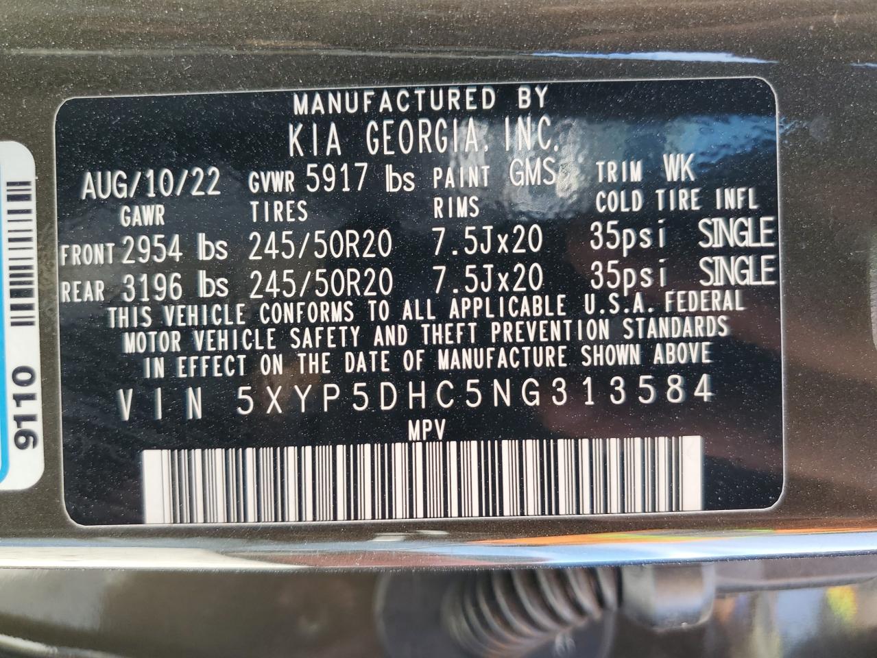 2022 KIA TELLURIDE SX VIN:5XYP5DHC5NG313584