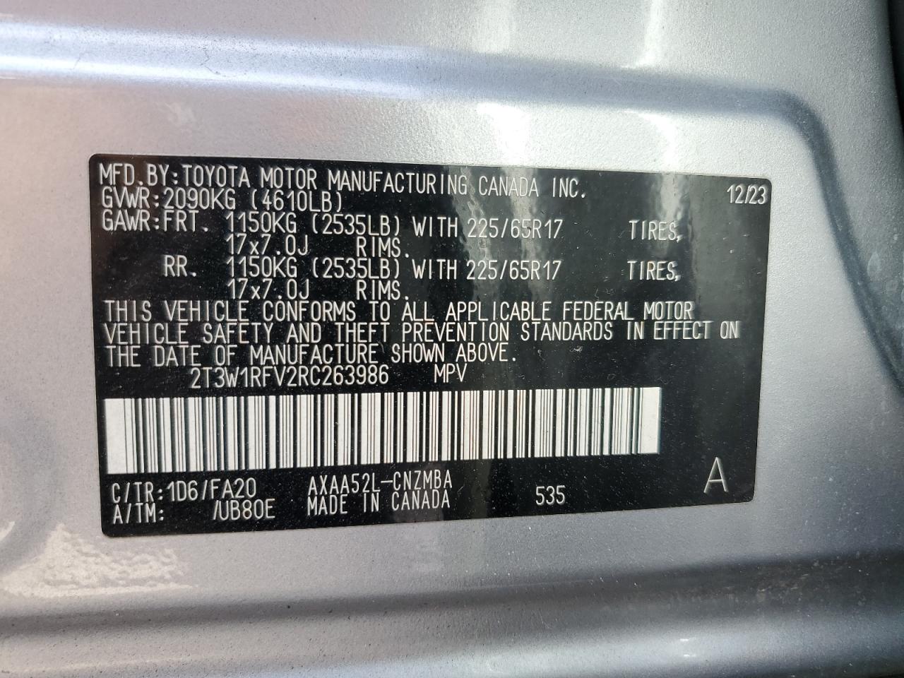 2024 TOYOTA RAV4 XLE VIN:2T3W1RFV2RC263986