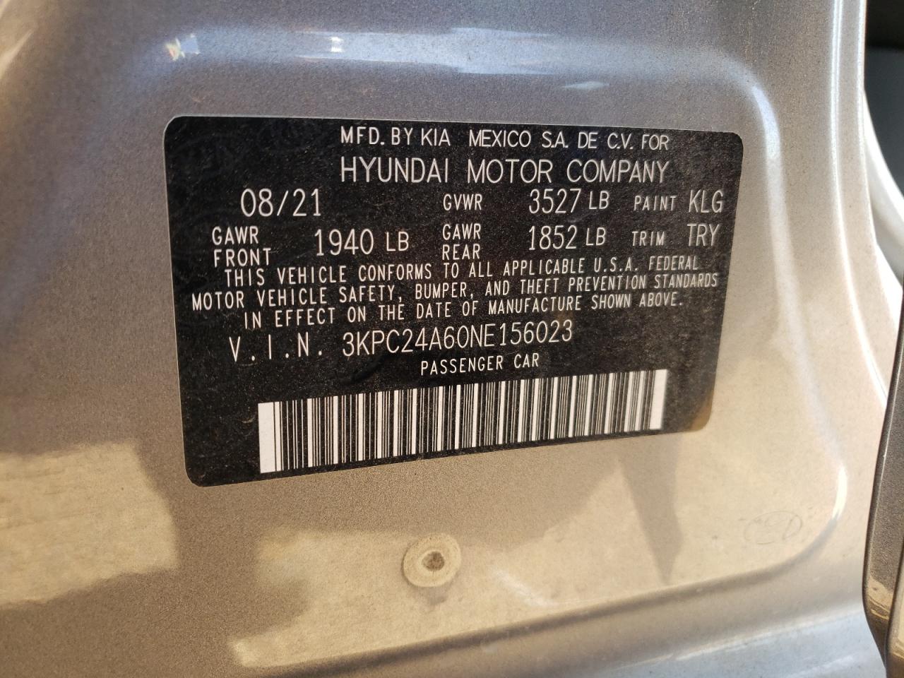 2022 HYUNDAI ACCENT SE VIN:3KPC24A60NE156023