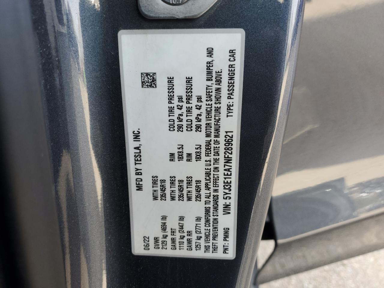 2022 TESLA MODEL 3  VIN:5YJ3E1EA7NF289621