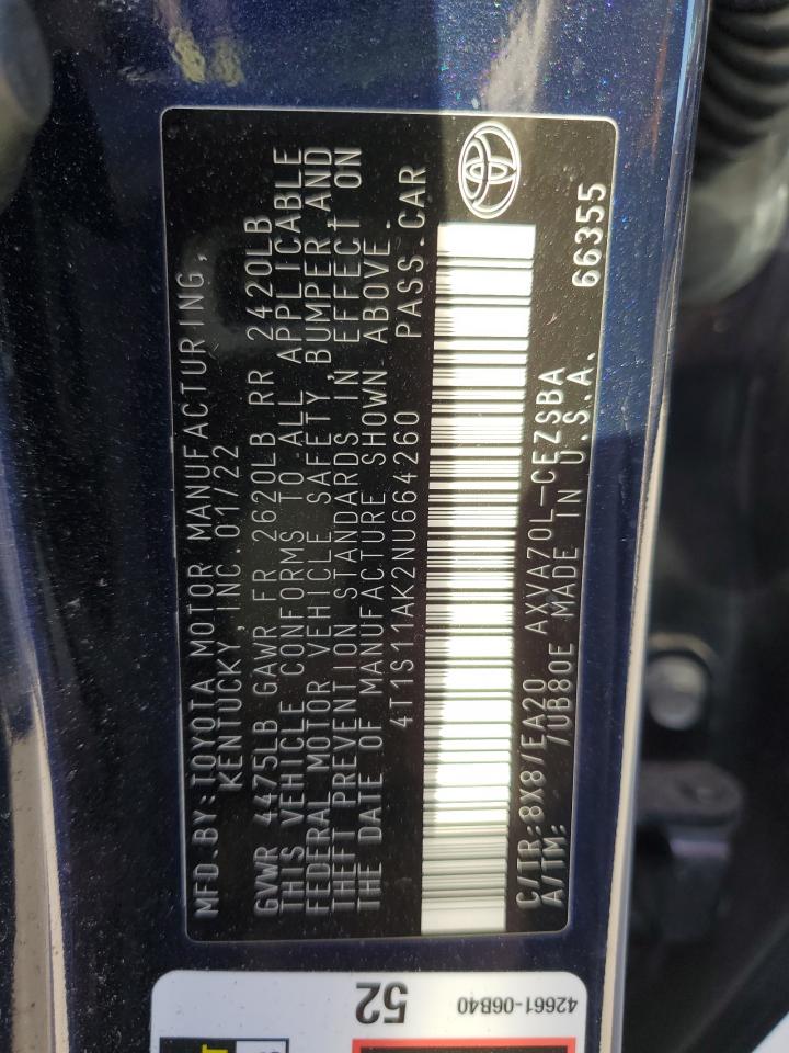 2022 TOYOTA CAMRY NIGHT SHADE VIN:4T1S11AK2NU664260