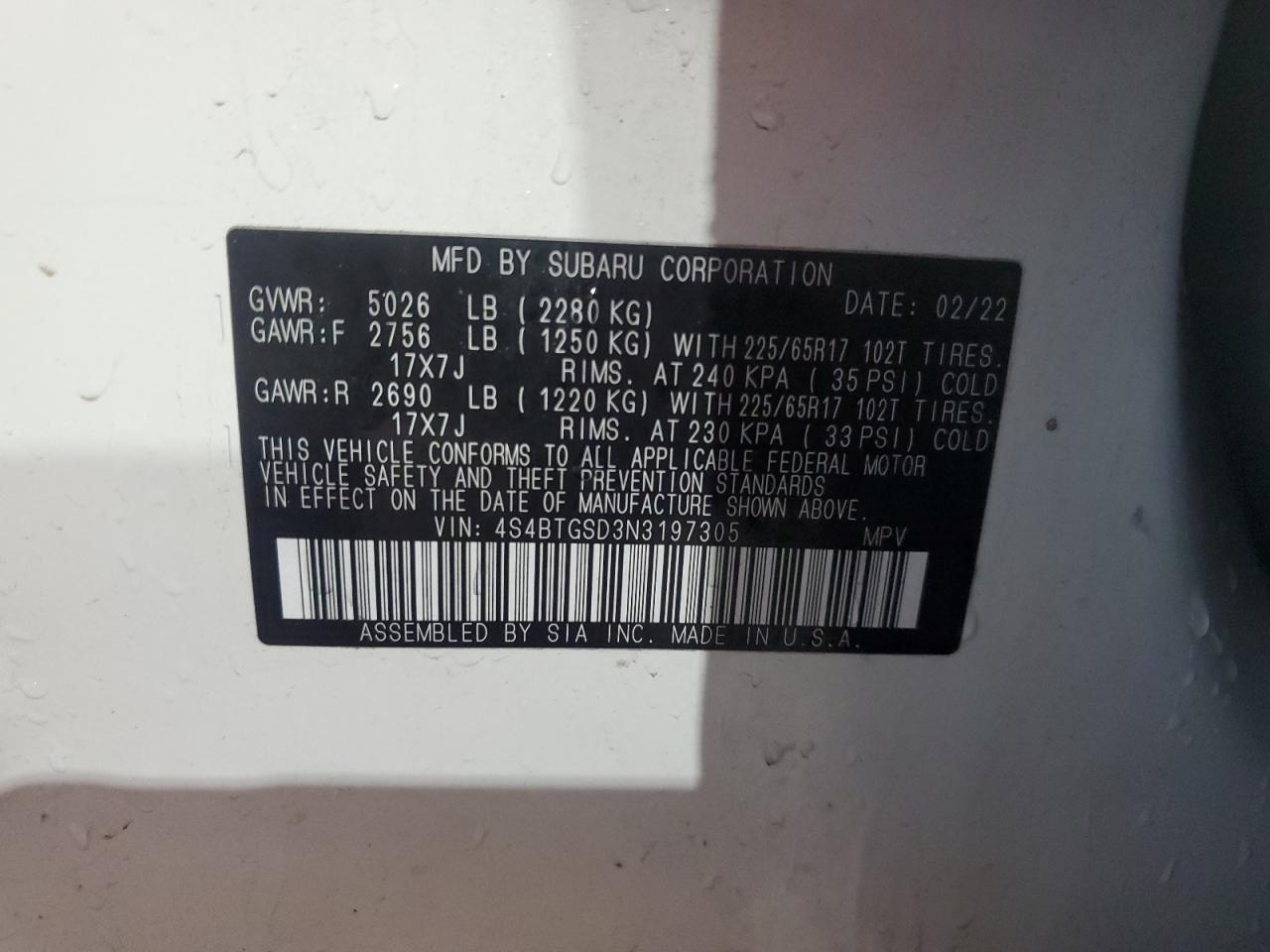 2022 SUBARU OUTBACK WILDERNESS VIN:4S4BTGSD3N3197305