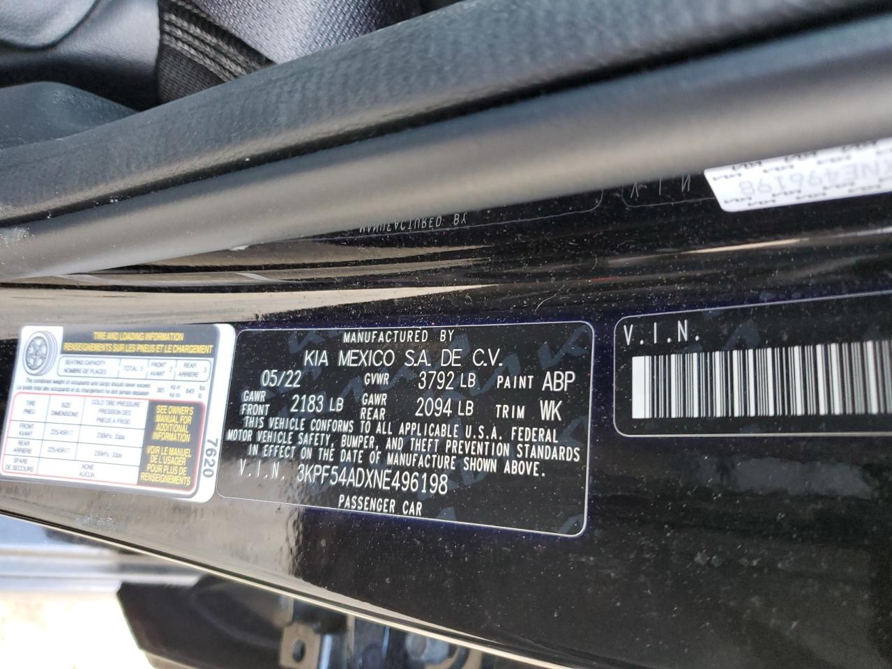 2022 KIA FORTE GT LINE VIN:3KPF54ADXNE496198