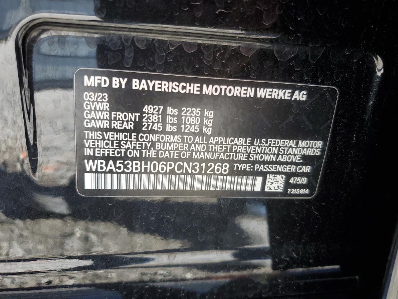 2023 BMW 530 I VIN:WBA53BH06PCN31268