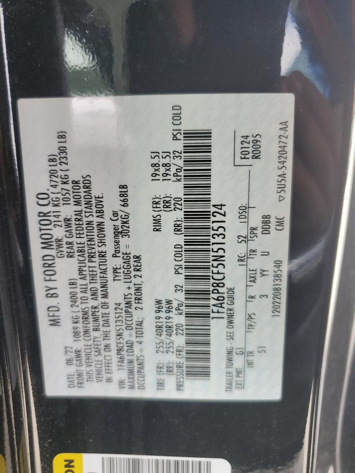 2022 FORD MUSTANG GT VIN:1FA6P8CF5N5135124