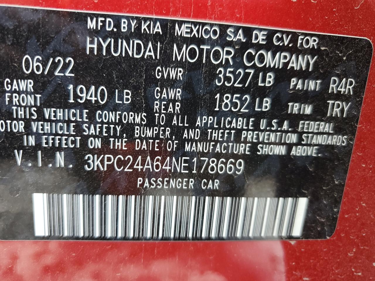 2022 HYUNDAI ACCENT SE VIN:3KPC24A64NE178669