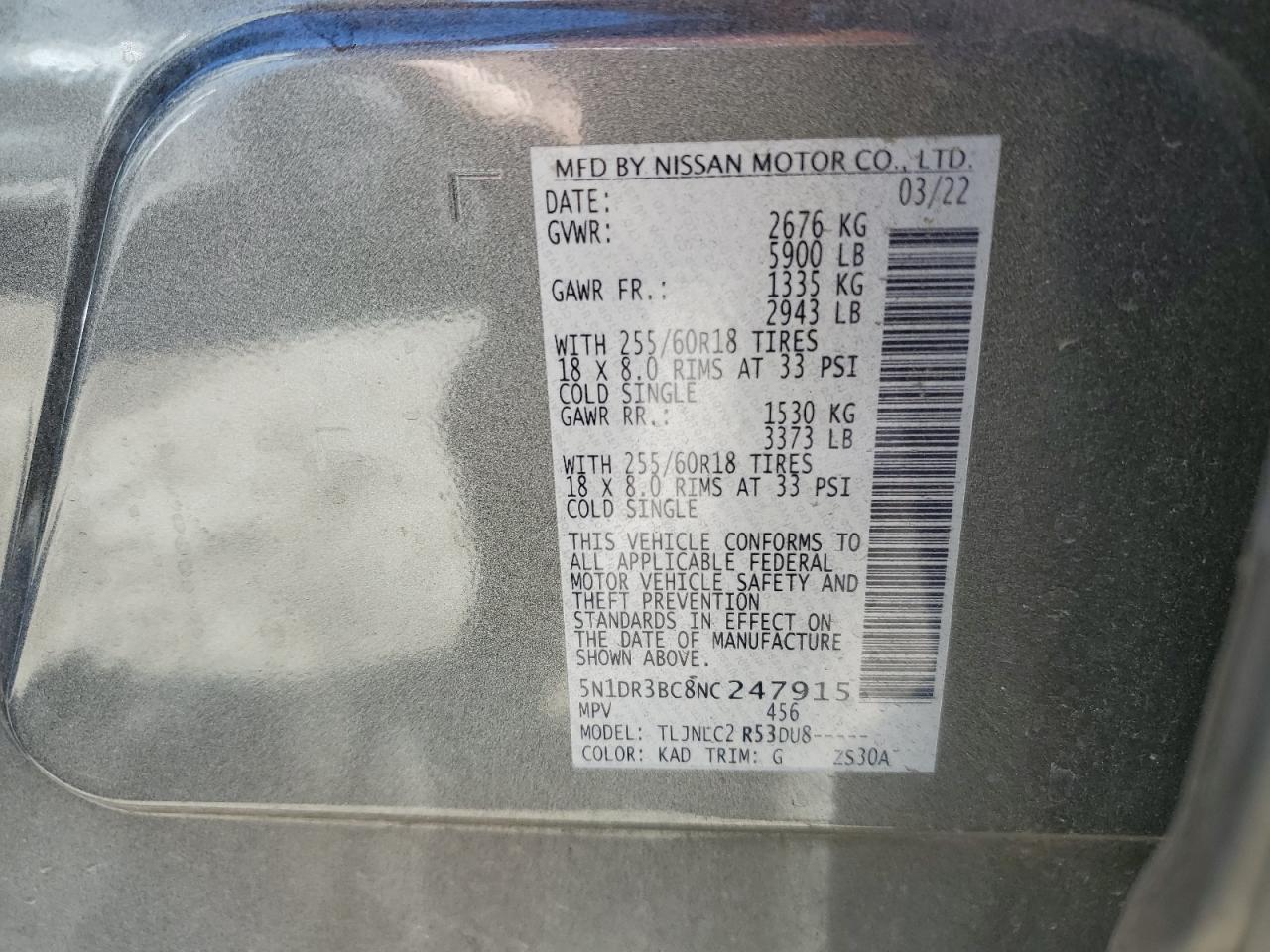 2022 NISSAN PATHFINDER SV VIN:5N1DR3BC8NC247915