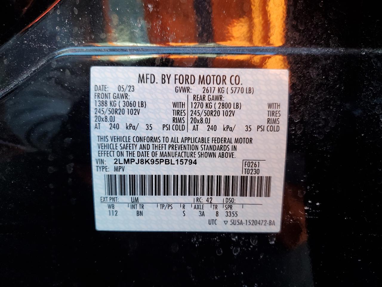 2023 LINCOLN NAUTILUS RESERVE VIN:2LMPJ8K95PBL15794